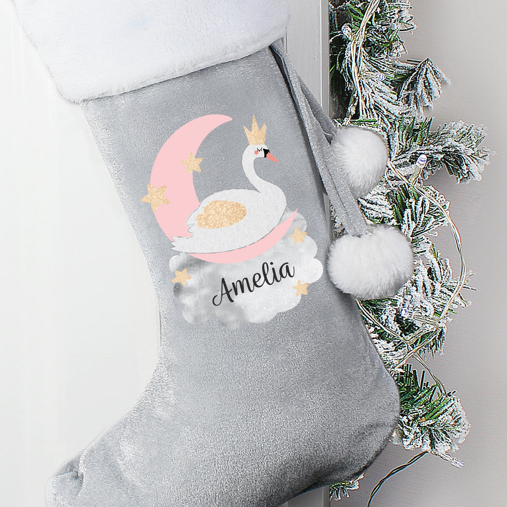 Personalised Swan Lake Luxury Silver Grey Stocking