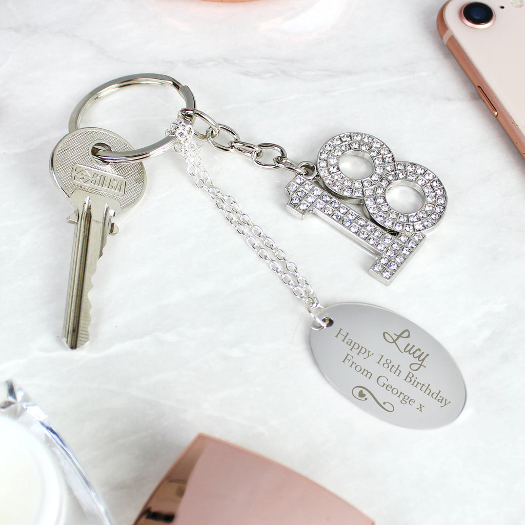 Personalised Swirls & Hearts Diamante 18 Keyring