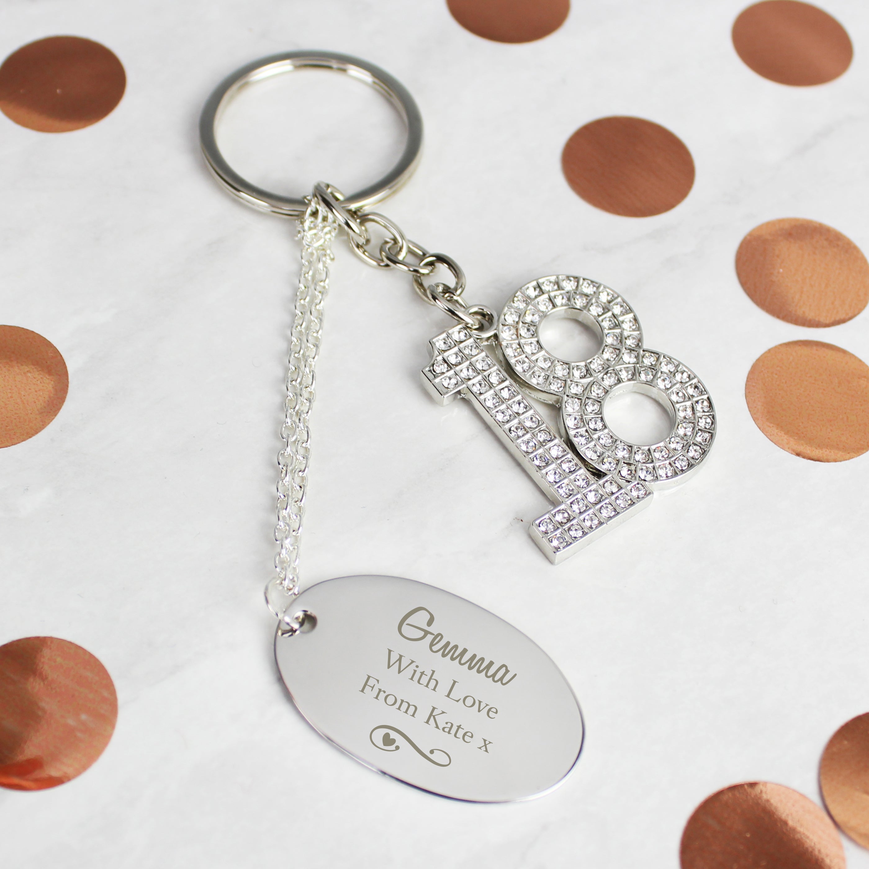 Personalised Swirls & Hearts Diamante 18 Keyring