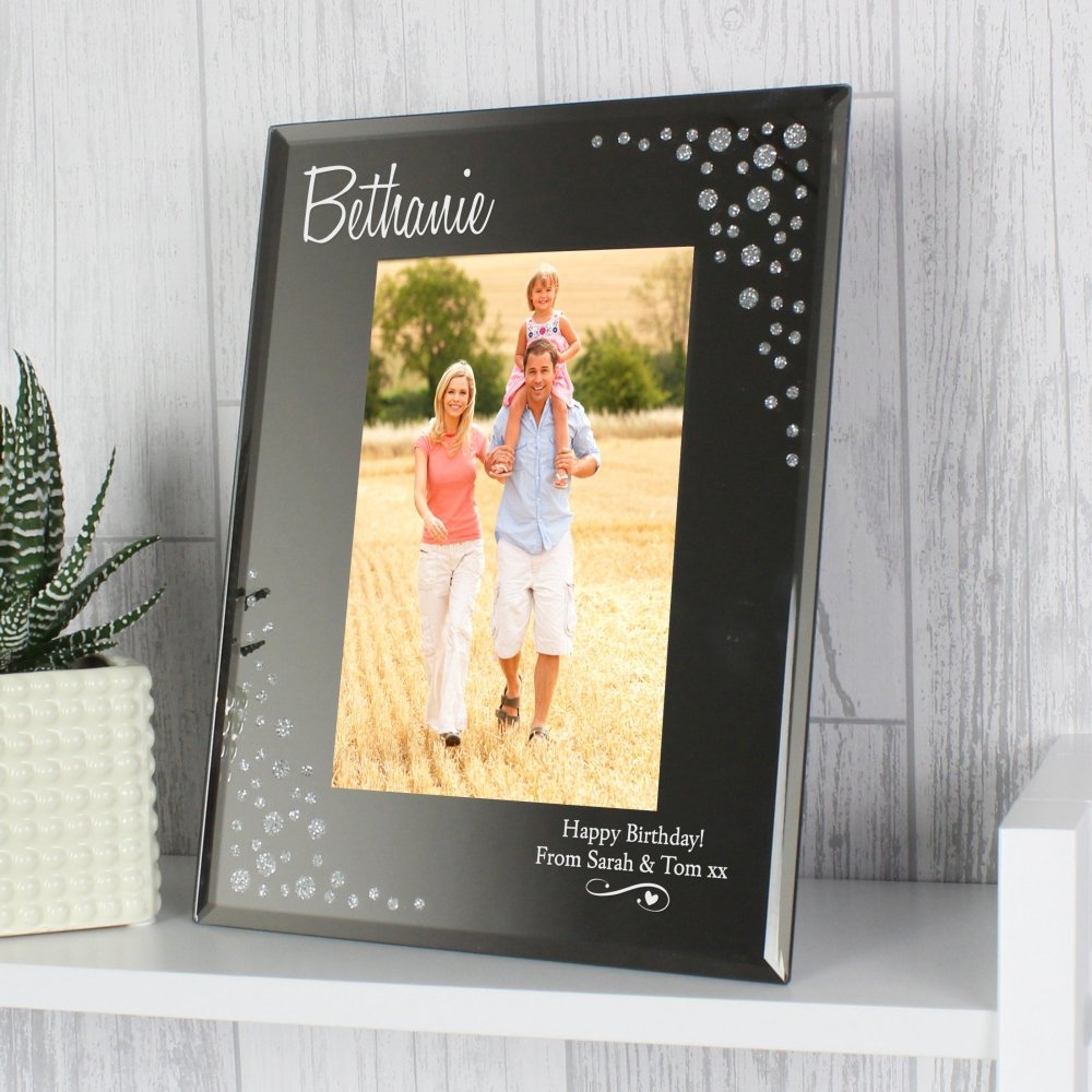 Personalised Swirls & Hearts Diamante 4x6 Inch Glass Photo Frame