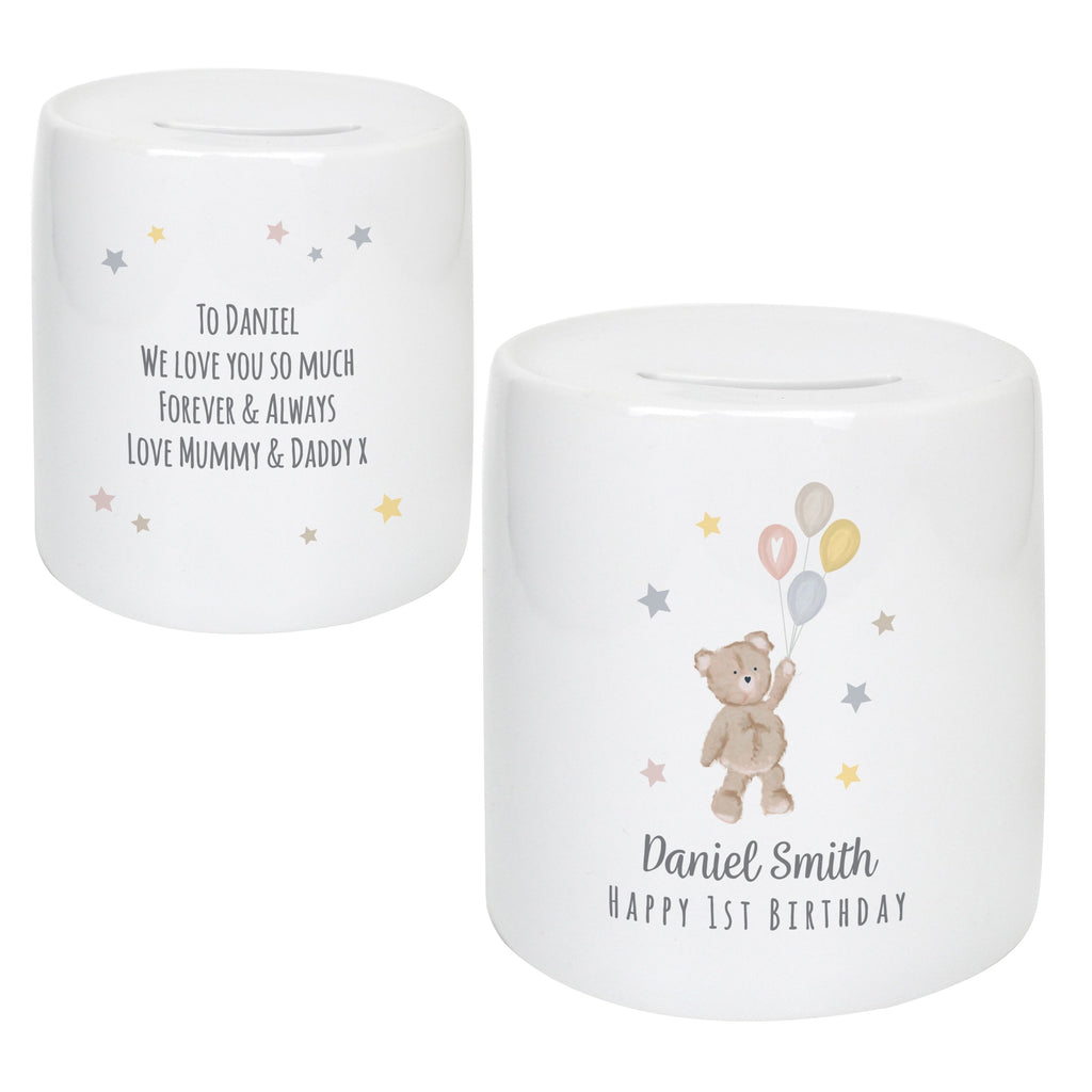 Personalised Teddy & Balloons Money Box