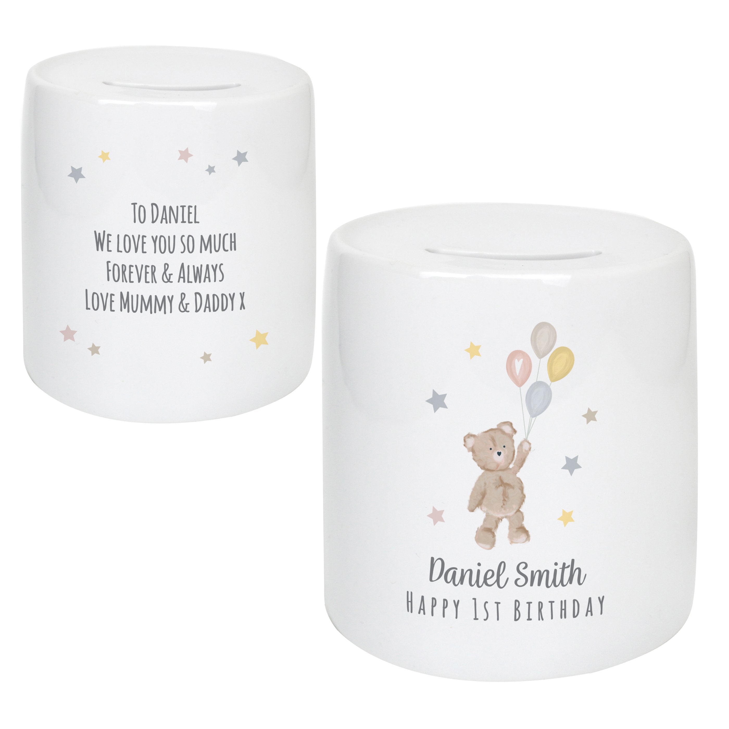 Personalised Teddy & Balloons Money Box