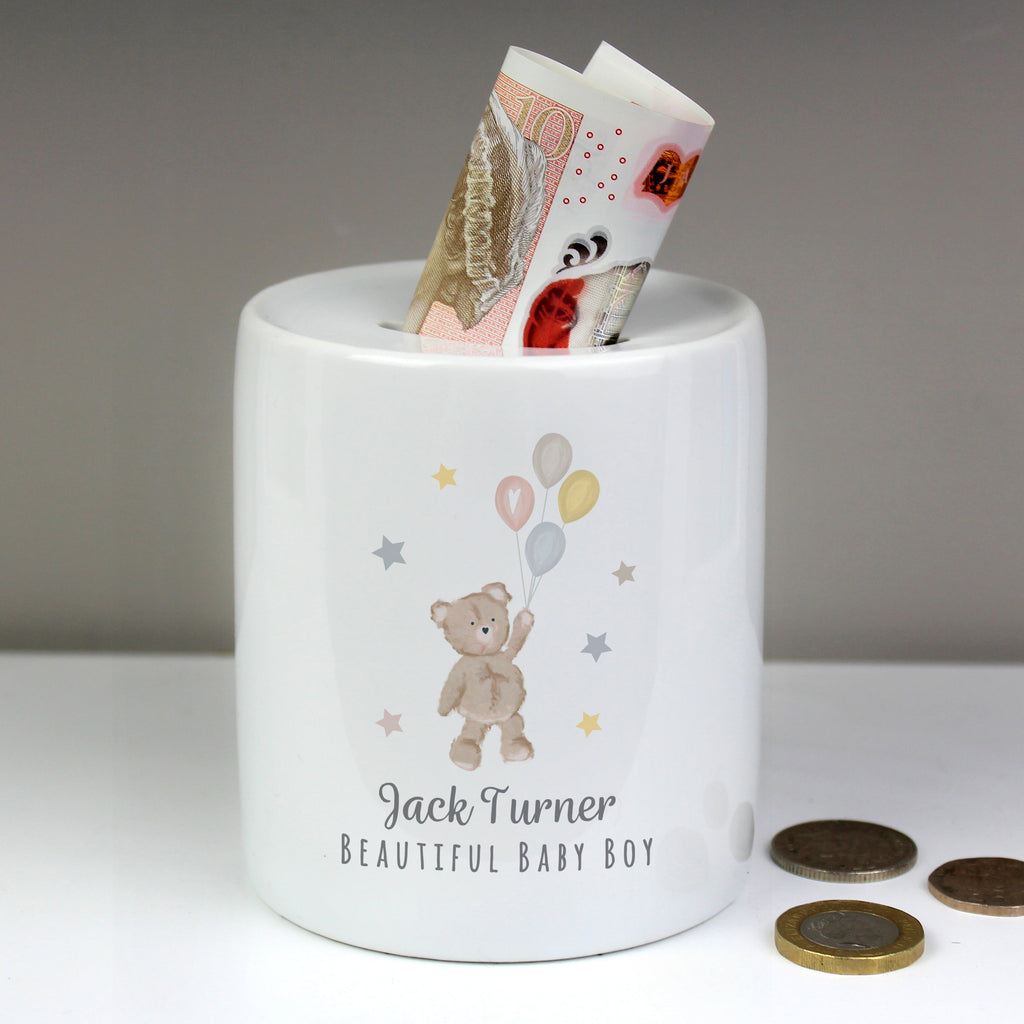 Personalised Teddy & Balloons Money Box