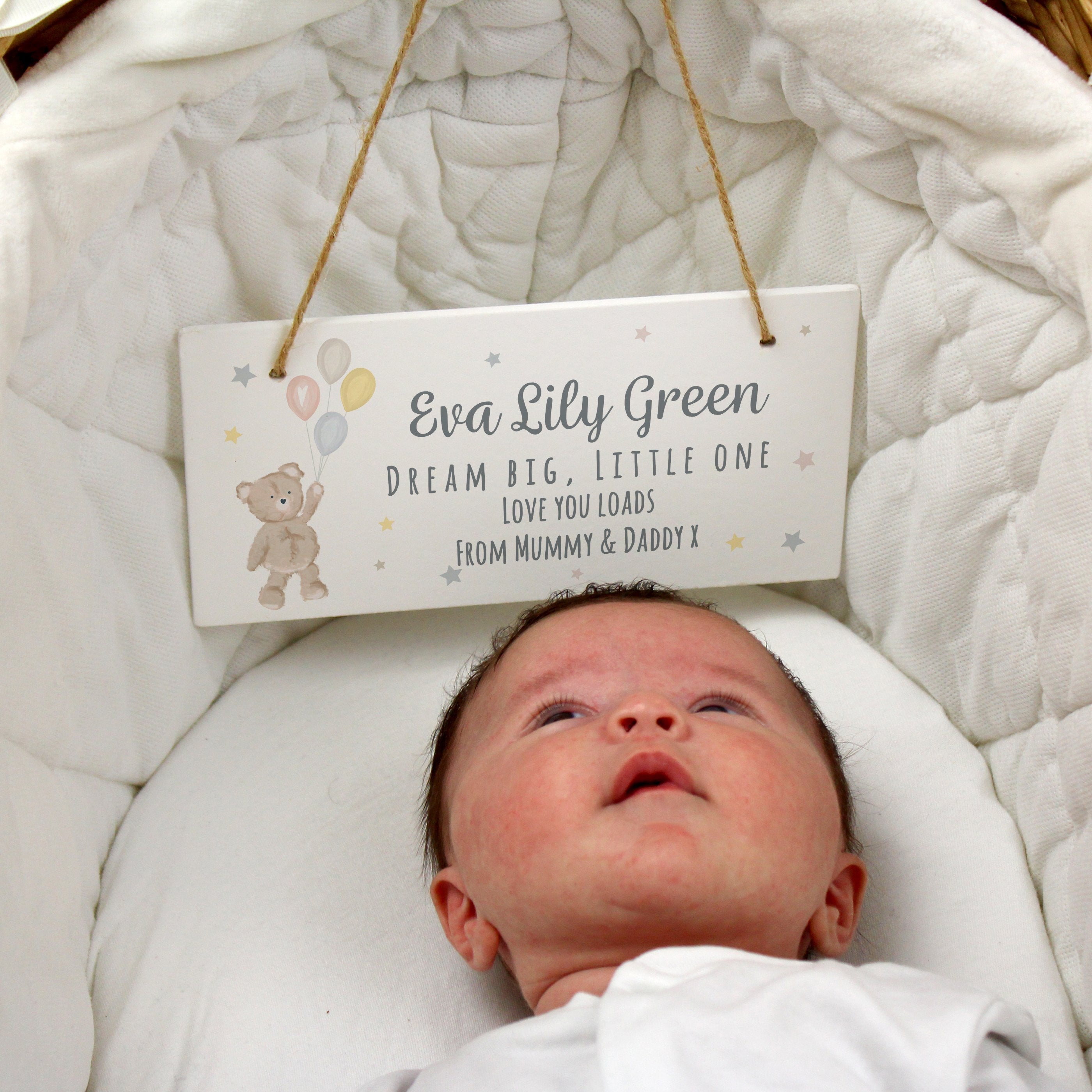 Personalised Teddy & Balloons White Wooden Sign