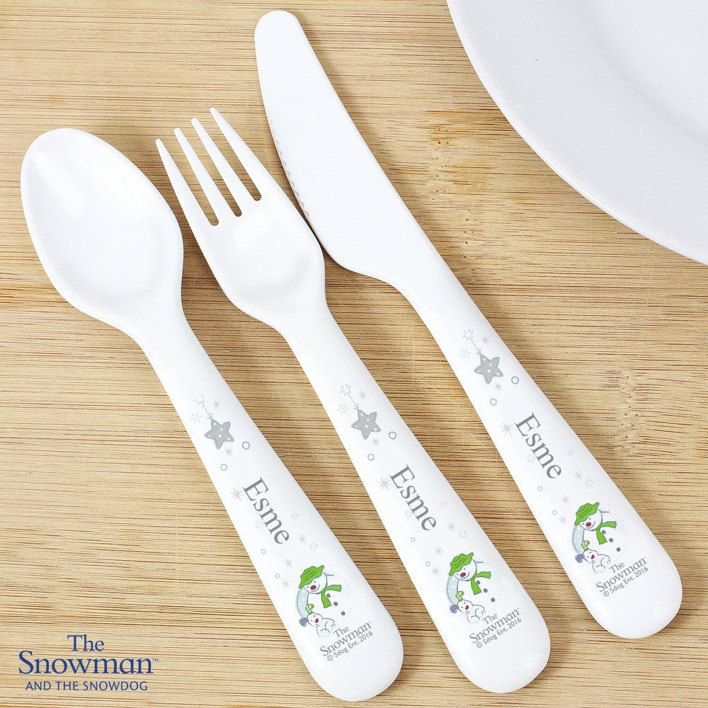 Personalised The Snowman And The Snowdog 3 Piece Plastic Cutlery Set