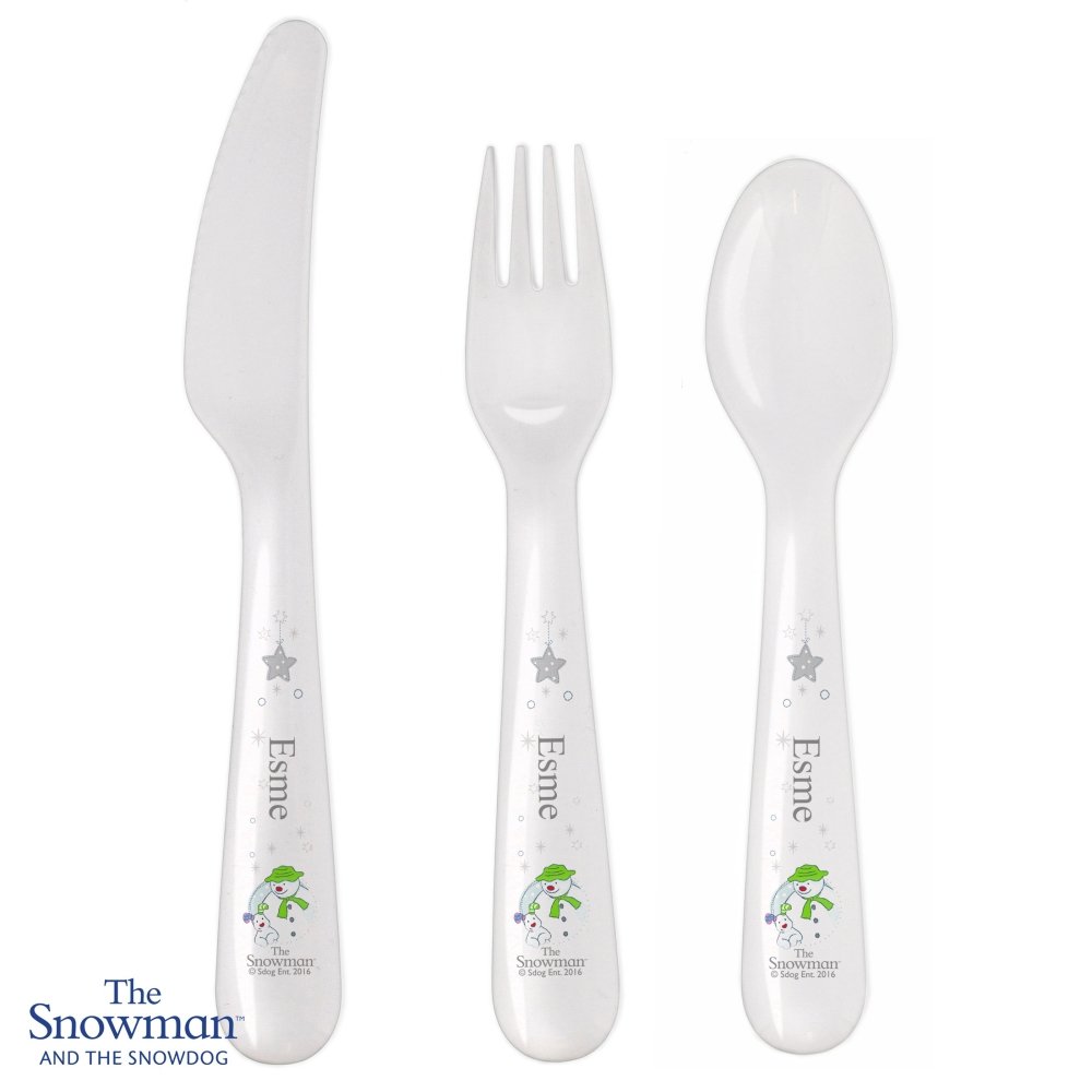 Personalised The Snowman And The Snowdog 3 Piece Plastic Cutlery Set