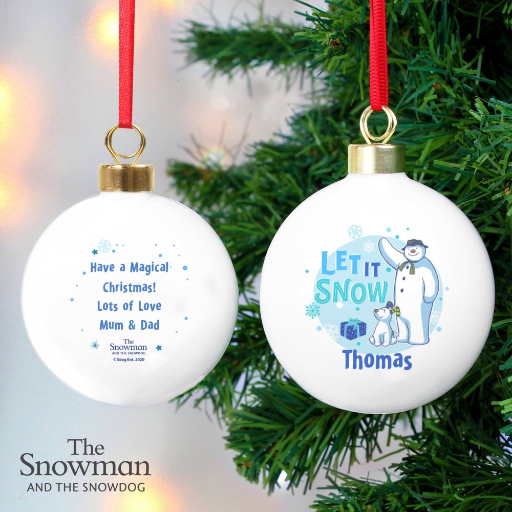 Personalised The Snowman And The Snowdog Blue Bauble