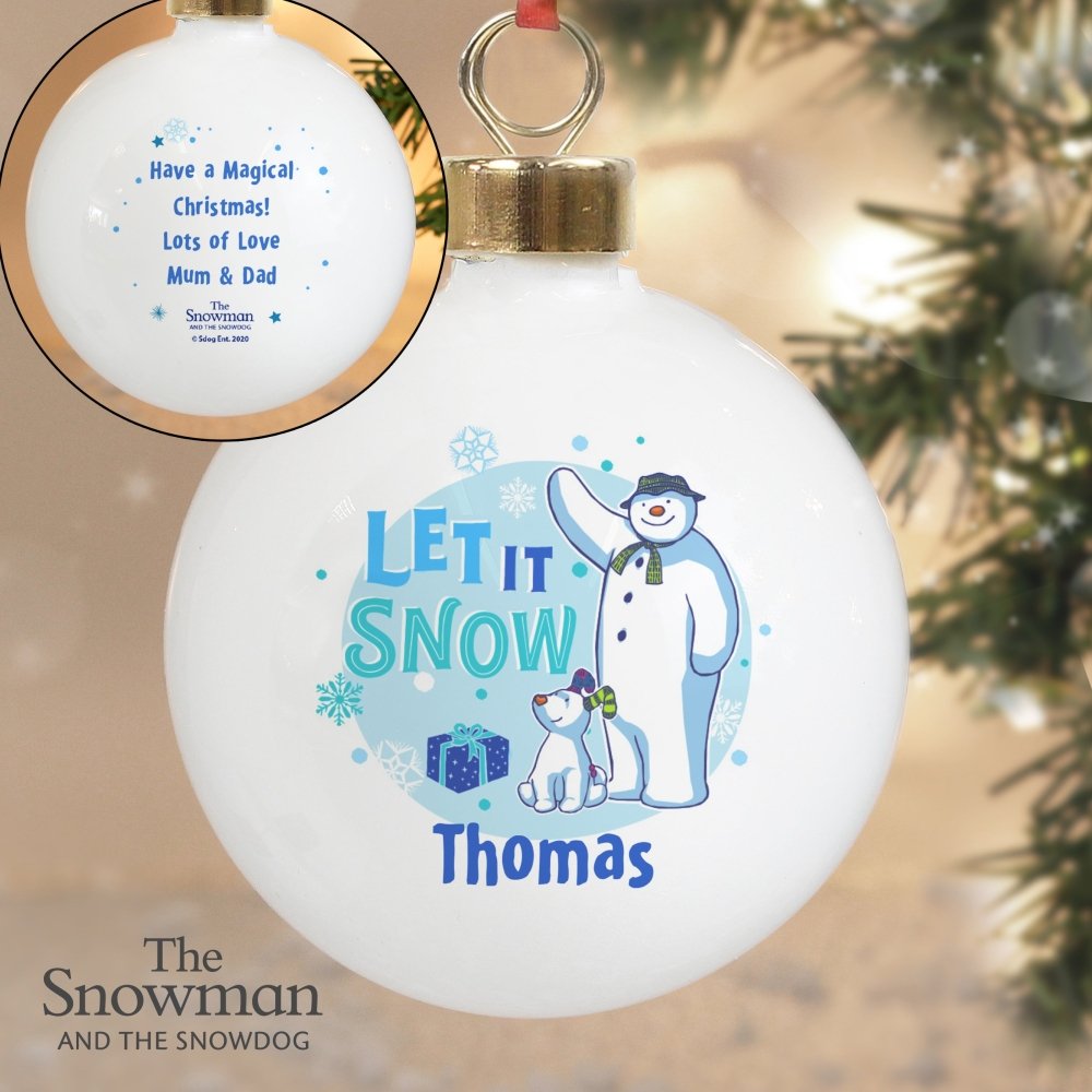 Personalised The Snowman And The Snowdog Blue Bauble