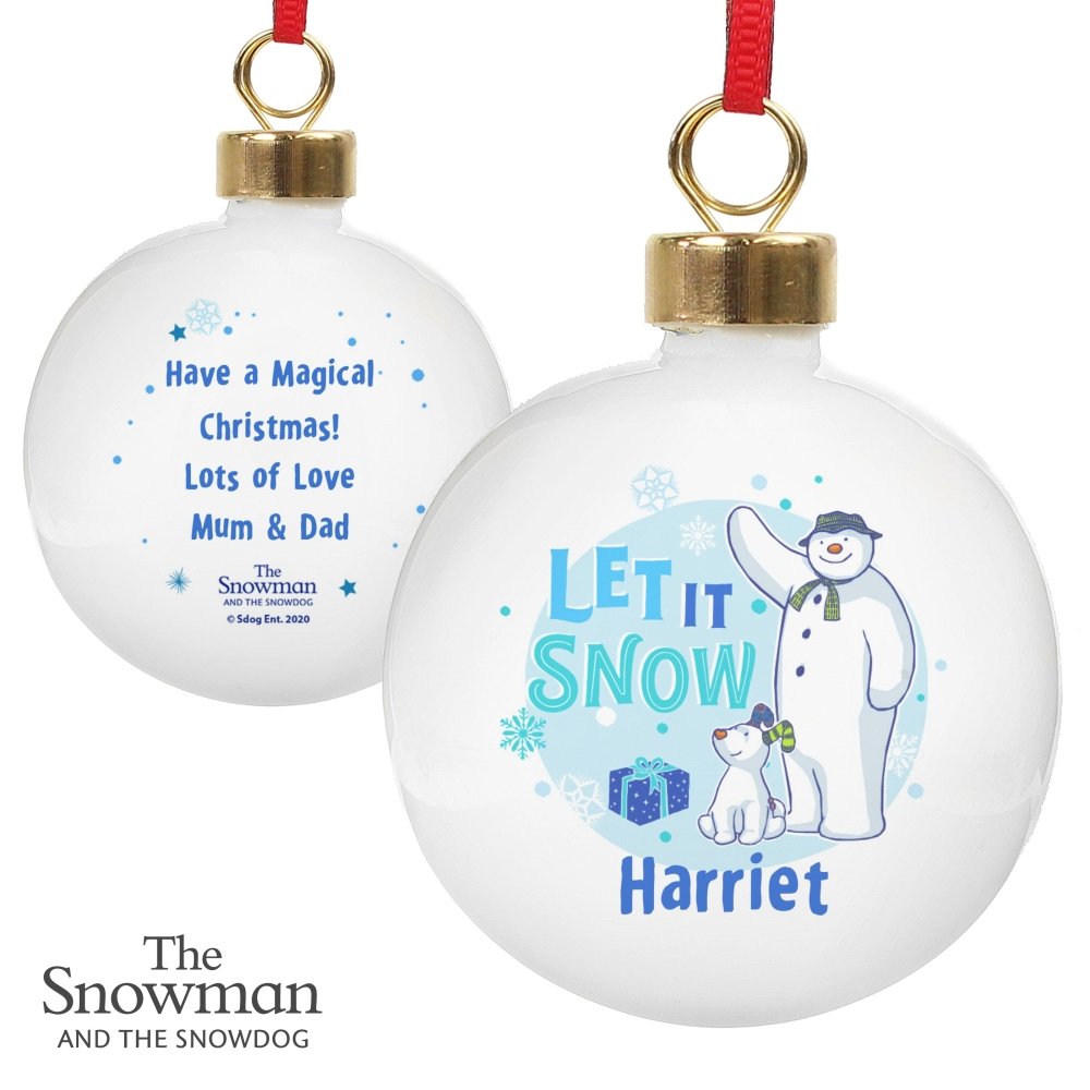 Personalised The Snowman And The Snowdog Blue Bauble