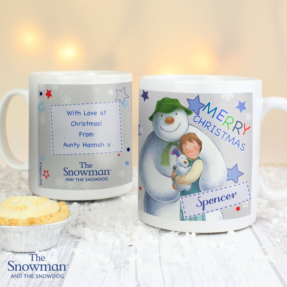 Personalised The Snowman And The Snowdog Blue Mug