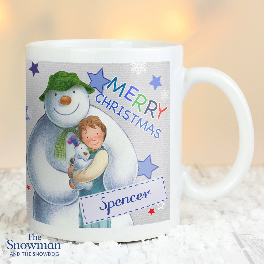 Personalised The Snowman And The Snowdog Blue Mug