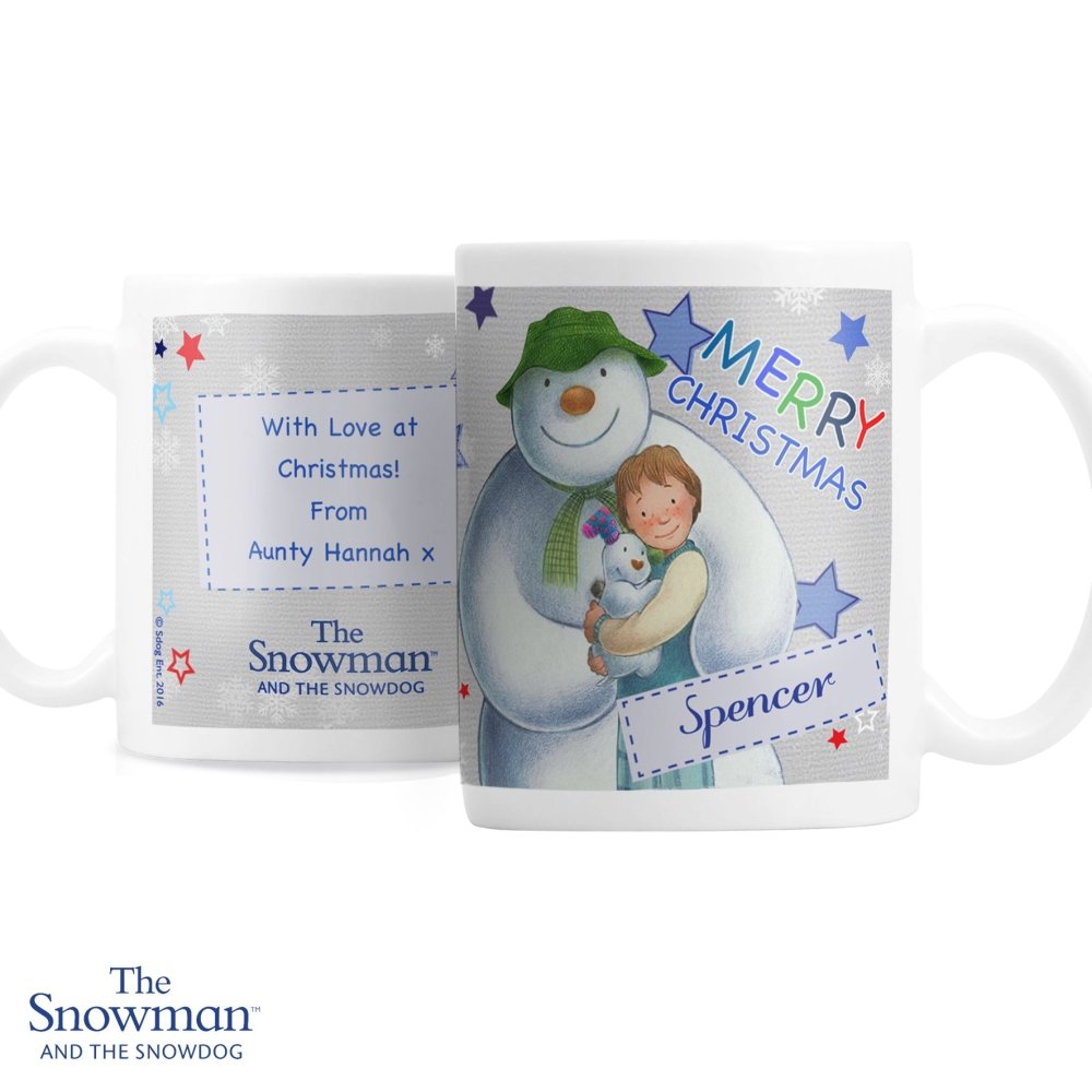 Personalised The Snowman And The Snowdog Blue Mug