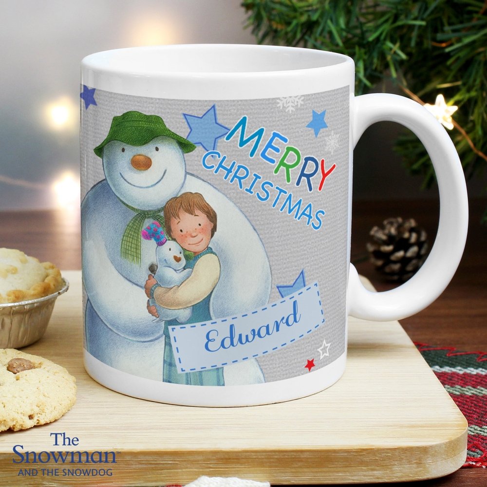 Personalised The Snowman And The Snowdog Blue Mug