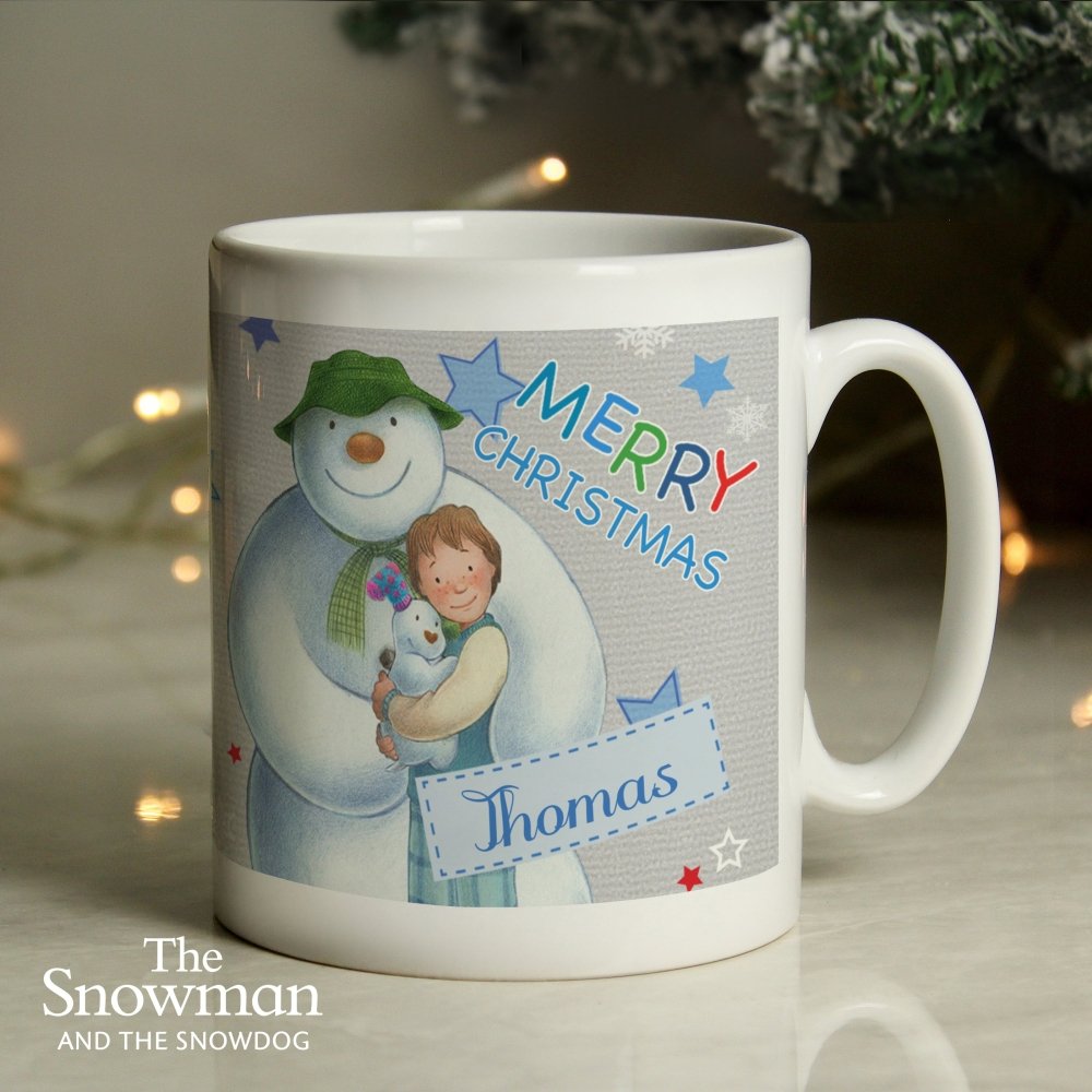 Personalised The Snowman And The Snowdog Blue Mug