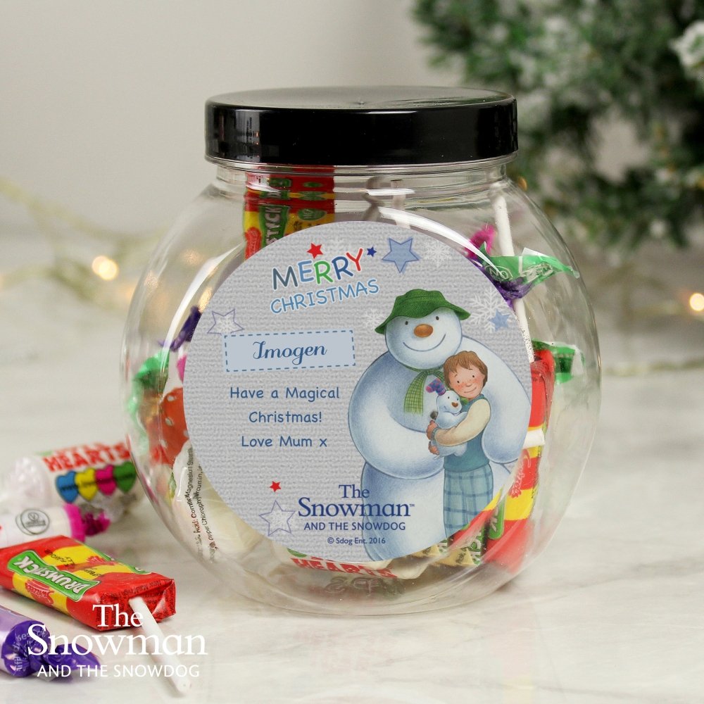 Personalised The Snowman And The Snowdog Blue Sweet Jar