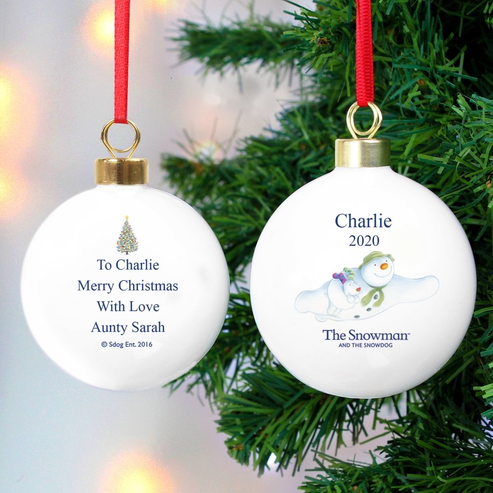 Personalised The Snowman And The Snowdog Flying Bauble