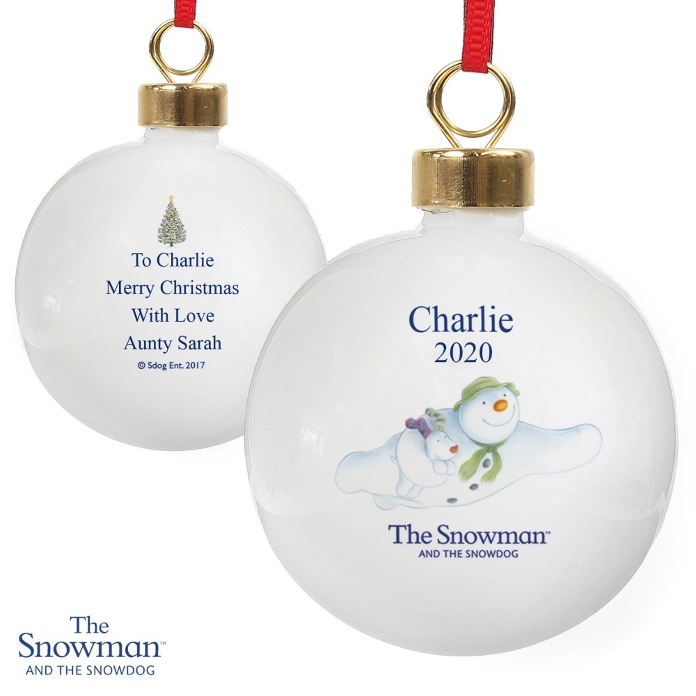 Personalised The Snowman And The Snowdog Flying Bauble