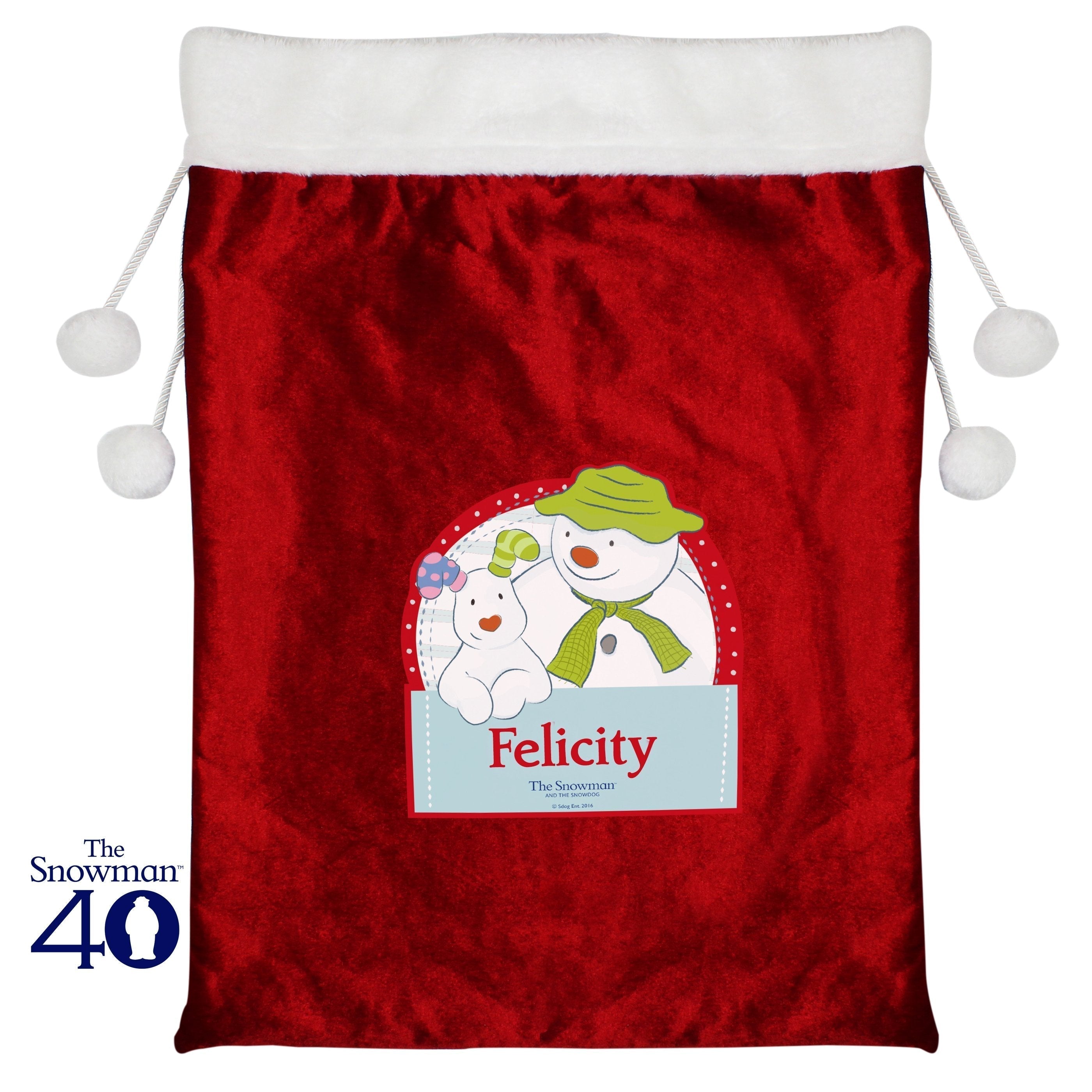 Personalised The Snowman And The Snowdog Luxury Pom Pom Children's Christmas Sack