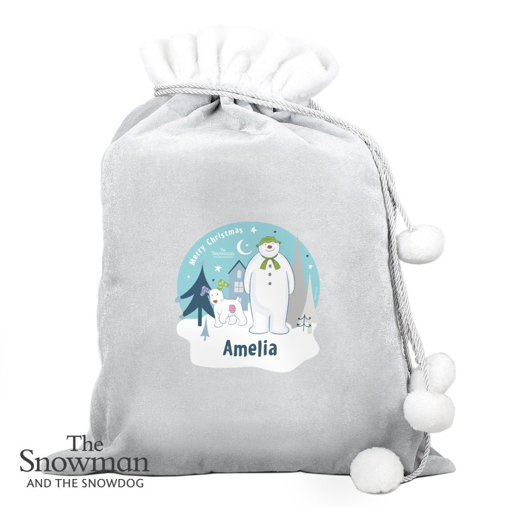 Personalised The Snowman And The Snowdog Luxury Silver Grey Pom Pom Children's Christmas Sack