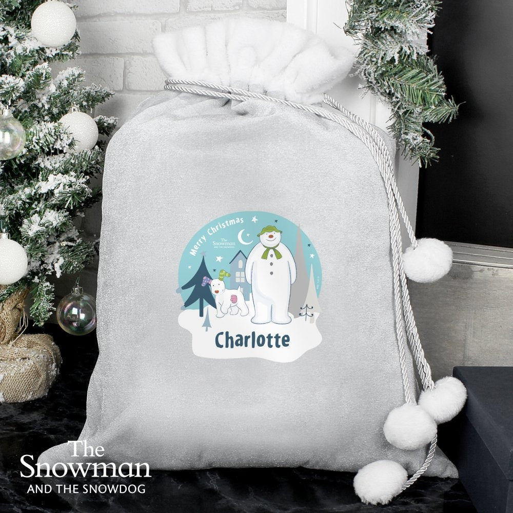 Personalised The Snowman And The Snowdog Luxury Silver Grey Pom Pom Children's Christmas Sack