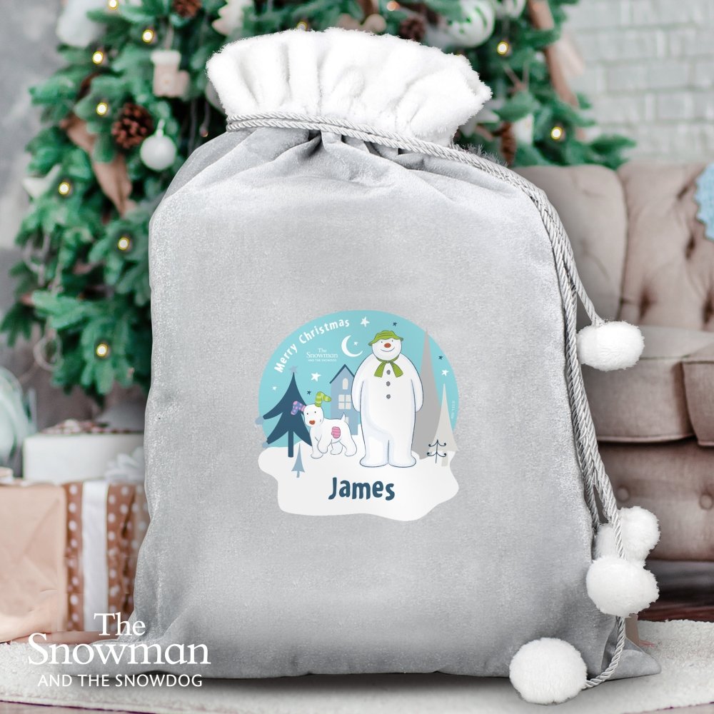 Personalised The Snowman And The Snowdog Luxury Silver Grey Pom Pom Children's Christmas Sack