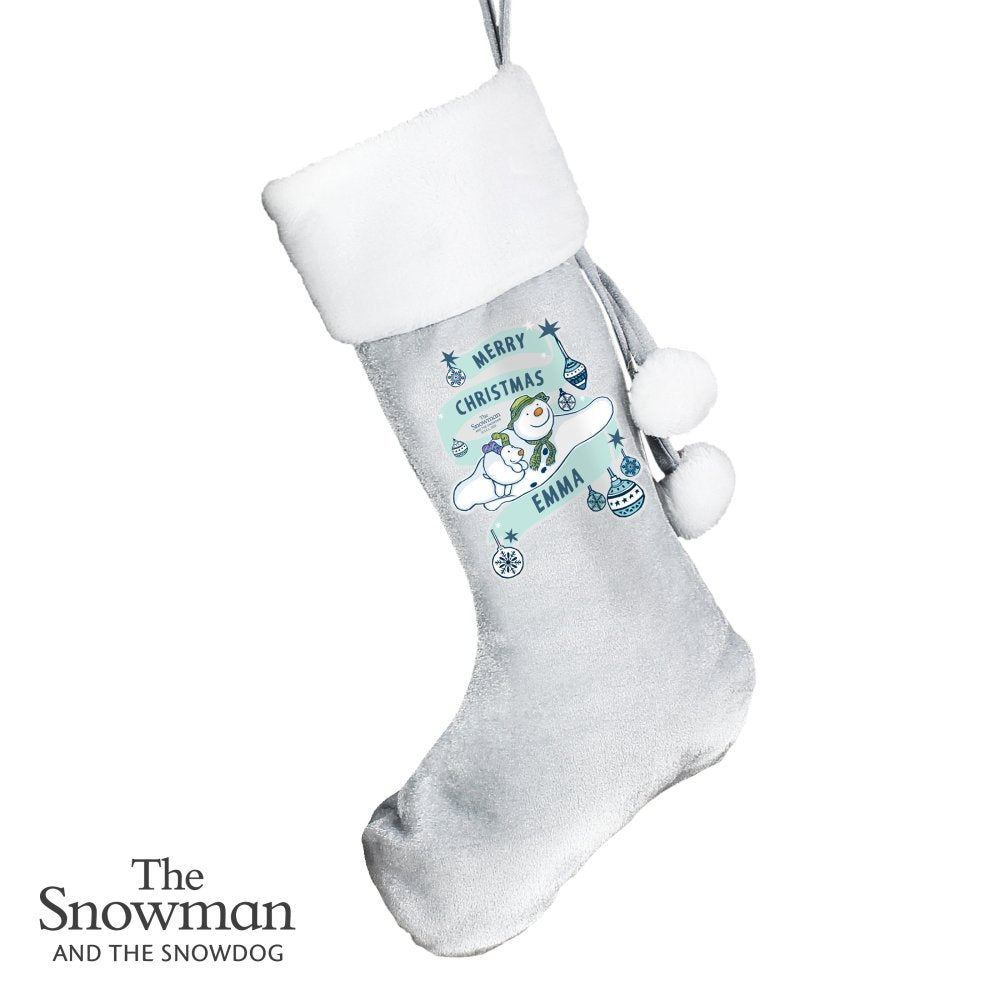 Personalised The Snowman And The Snowdog Luxury Silver Grey Stocking
