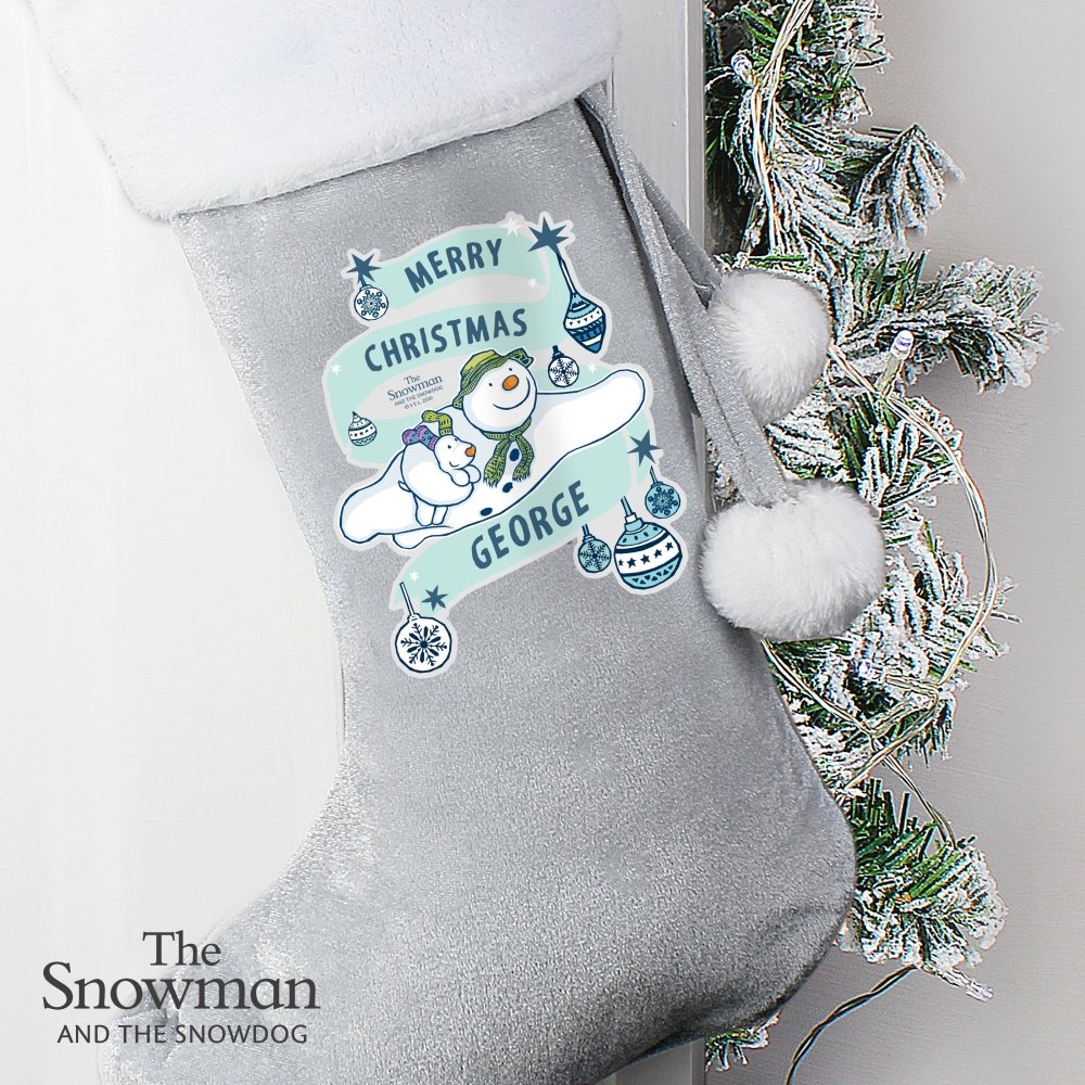Personalised The Snowman And The Snowdog Luxury Silver Grey Stocking
