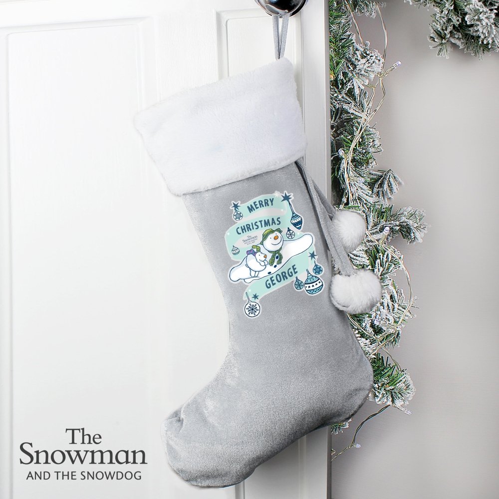 Personalised The Snowman And The Snowdog Luxury Silver Grey Stocking