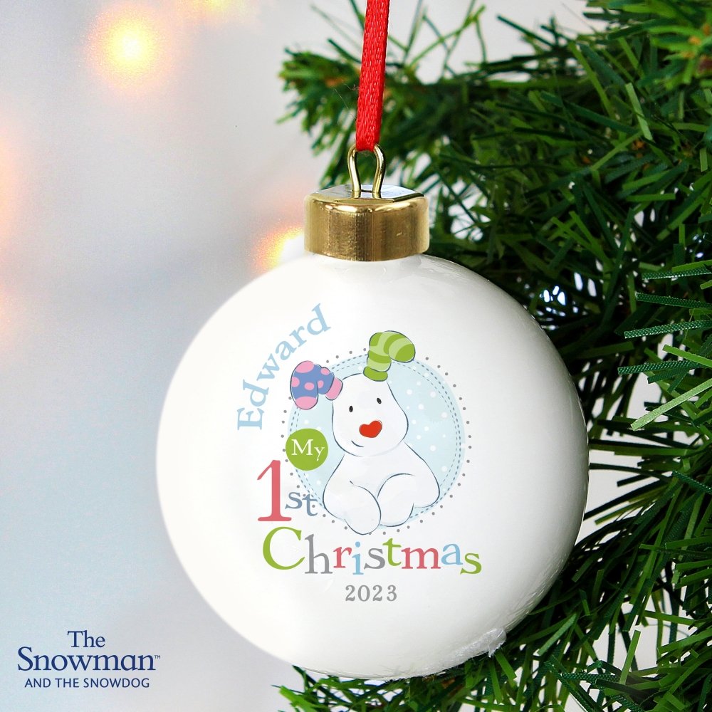 Personalised The Snowman And The Snowdog My 1st Christmas Blue Bauble
