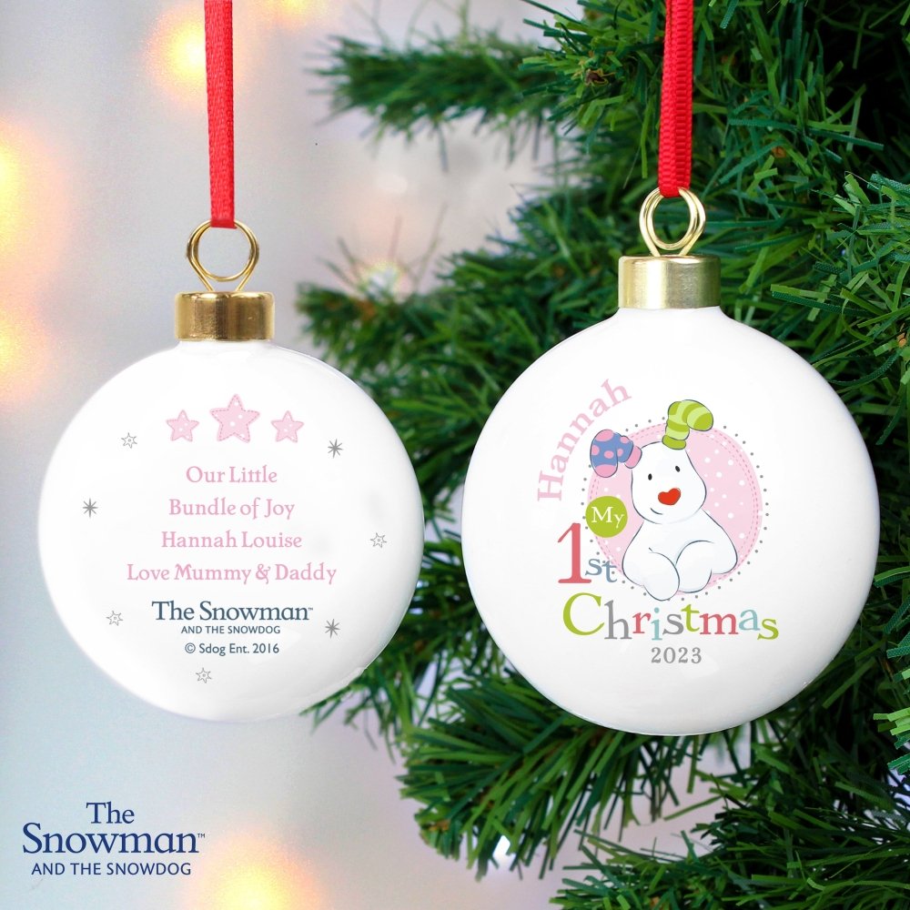 Personalised The Snowman And The Snowdog My 1st Christmas Pink Bauble