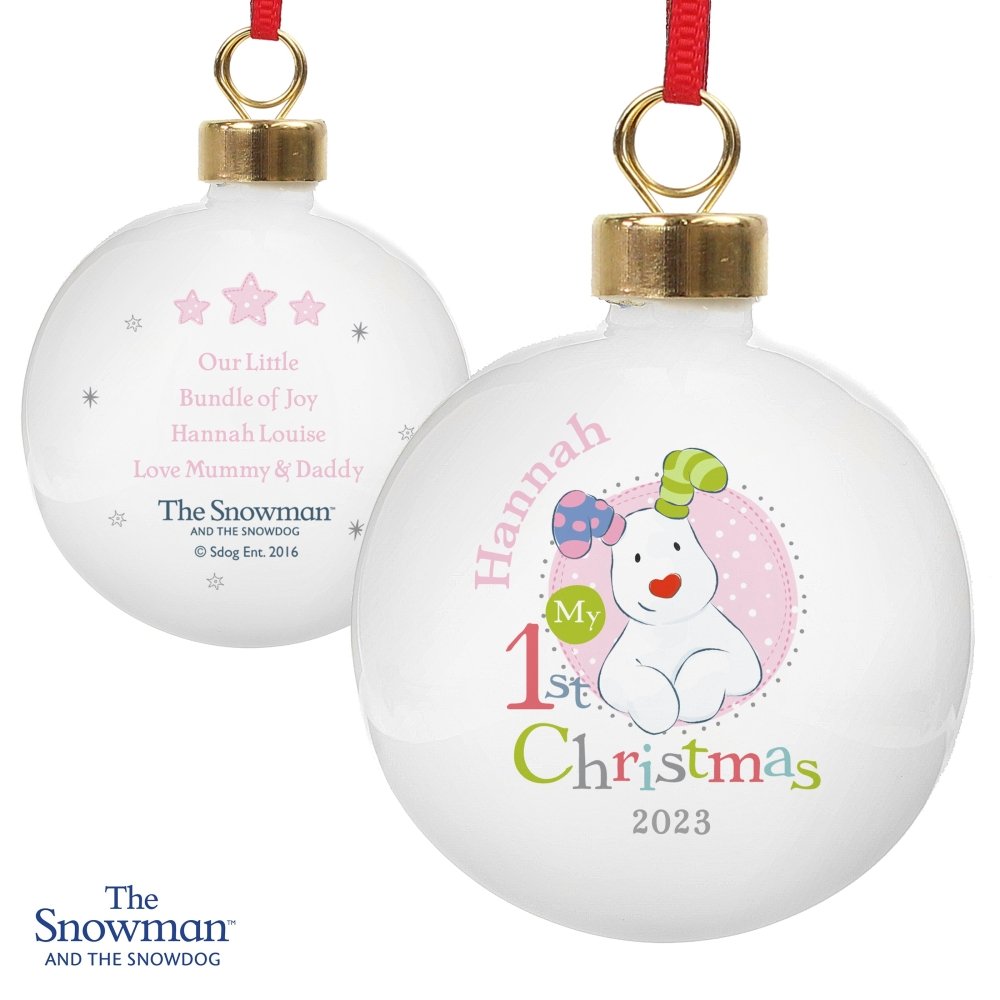 Personalised The Snowman And The Snowdog My 1st Christmas Pink Bauble