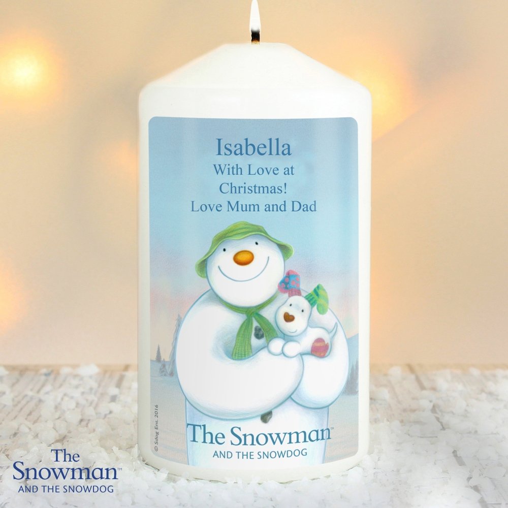 Personalised The Snowman And The Snowdog Pillar Candle