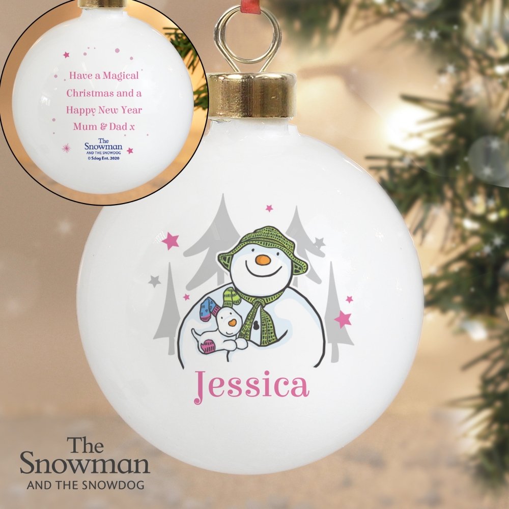 Personalised The Snowman And The Snowdog Pink Bauble