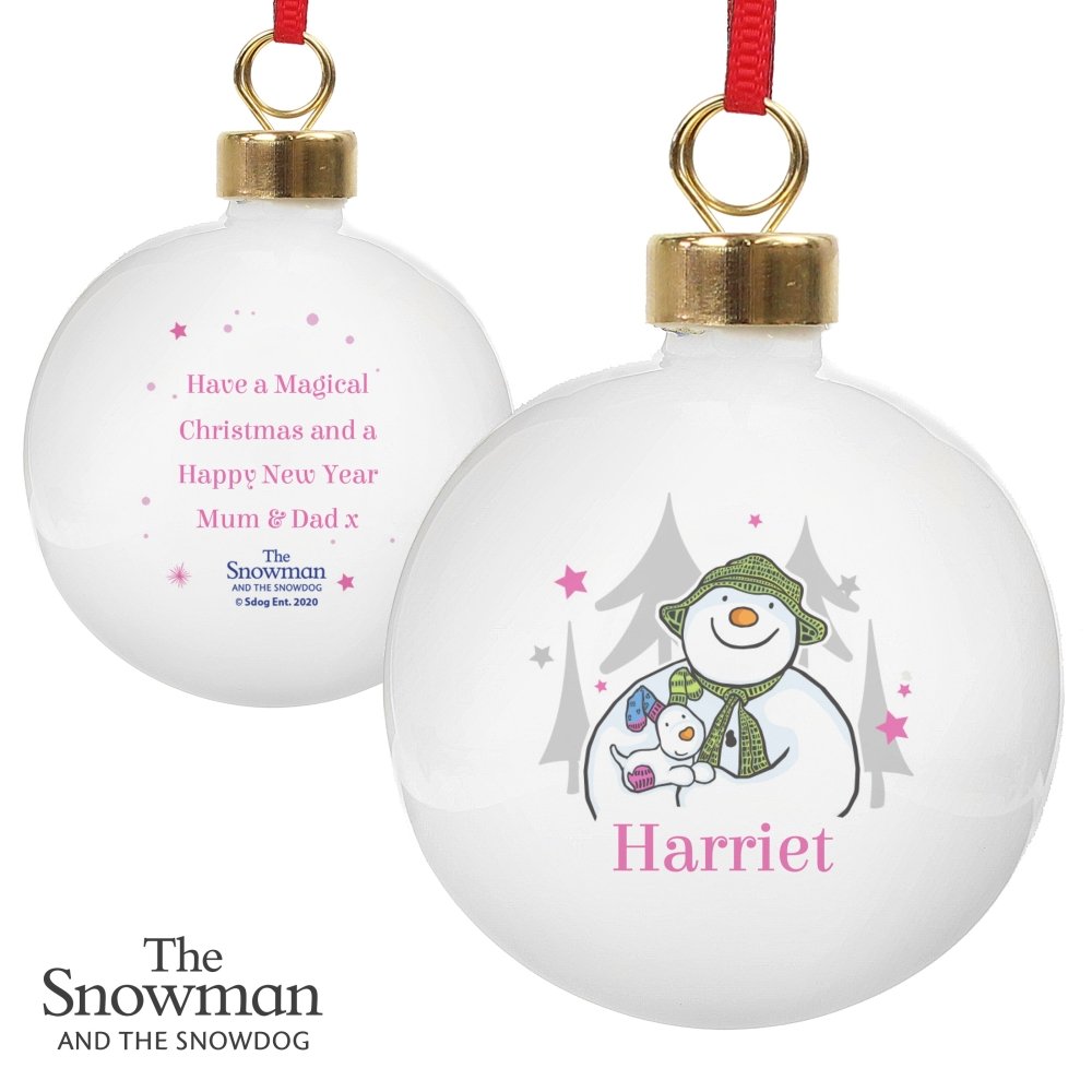 Personalised The Snowman And The Snowdog Pink Bauble