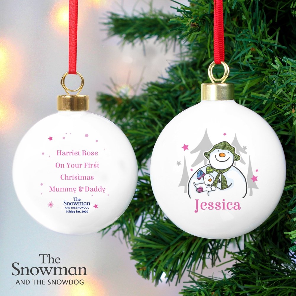 Personalised The Snowman And The Snowdog Pink Bauble