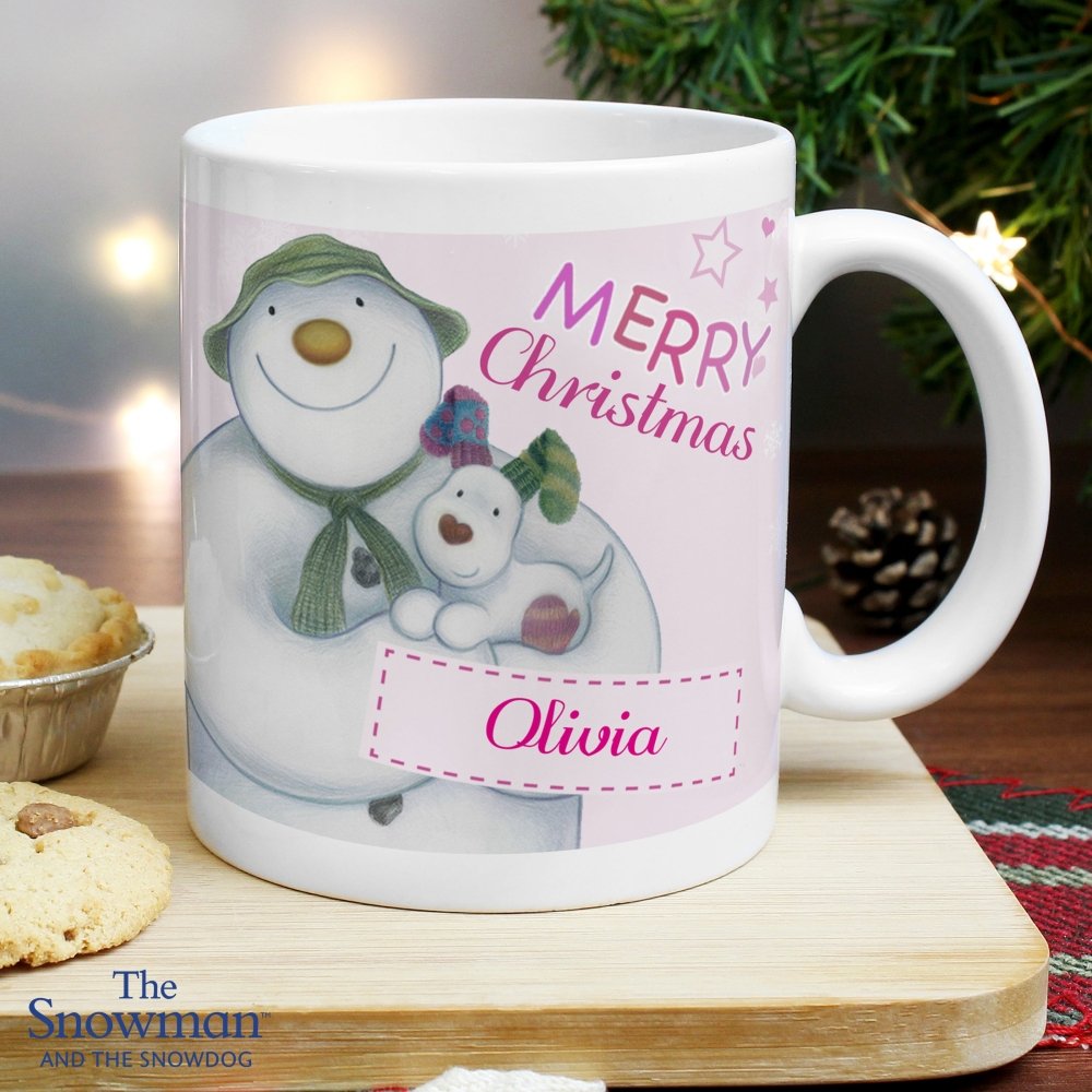 Personalised The Snowman And The Snowdog Pink Mug