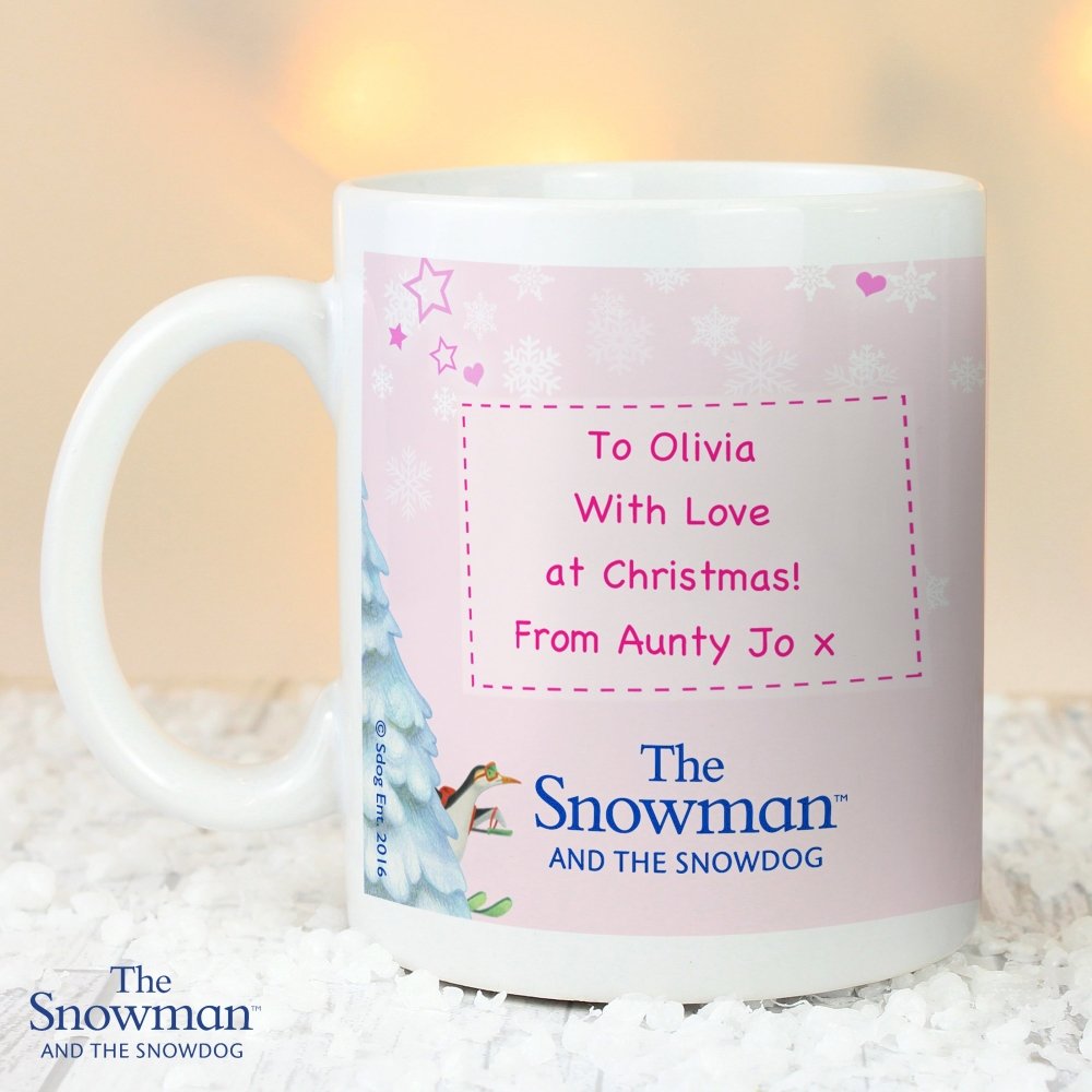 Personalised The Snowman And The Snowdog Pink Mug