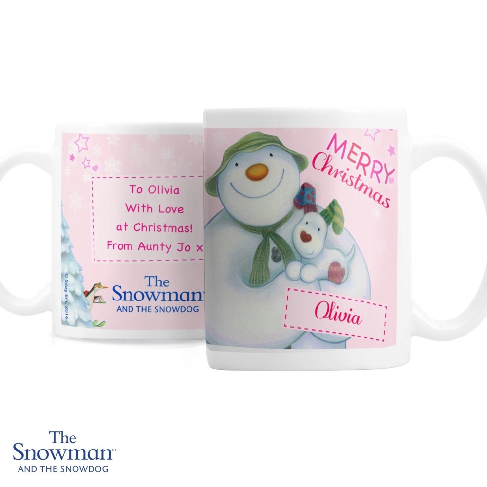Personalised The Snowman And The Snowdog Pink Mug
