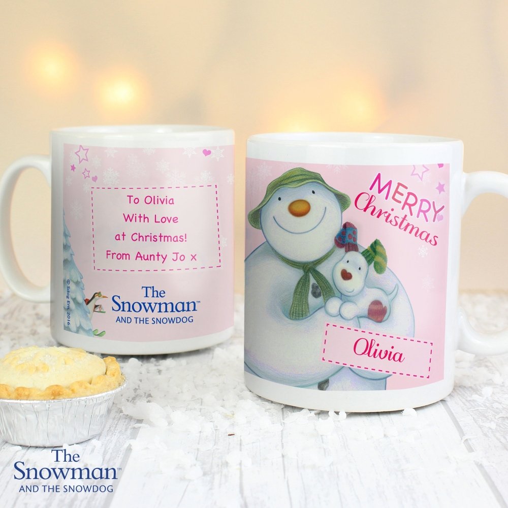 Personalised The Snowman And The Snowdog Pink Mug