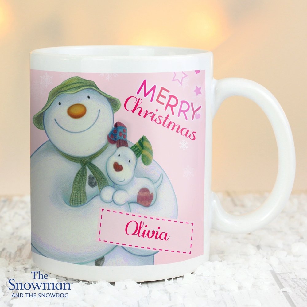 Personalised The Snowman And The Snowdog Pink Mug