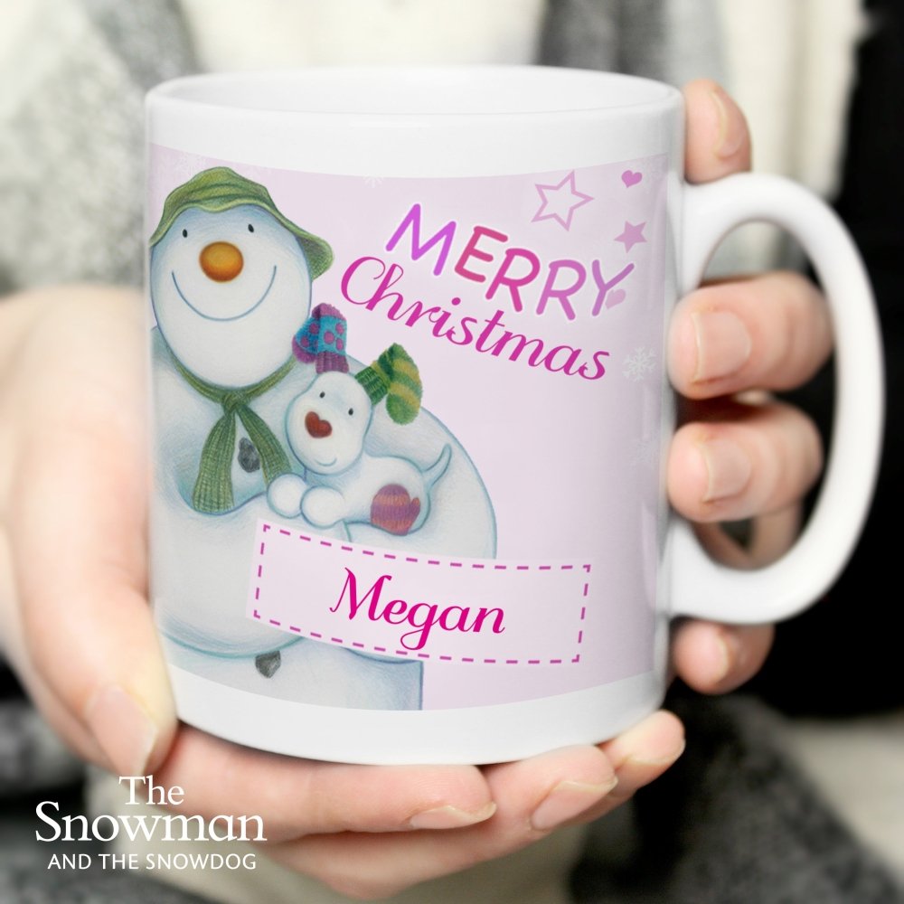 Personalised The Snowman And The Snowdog Pink Mug