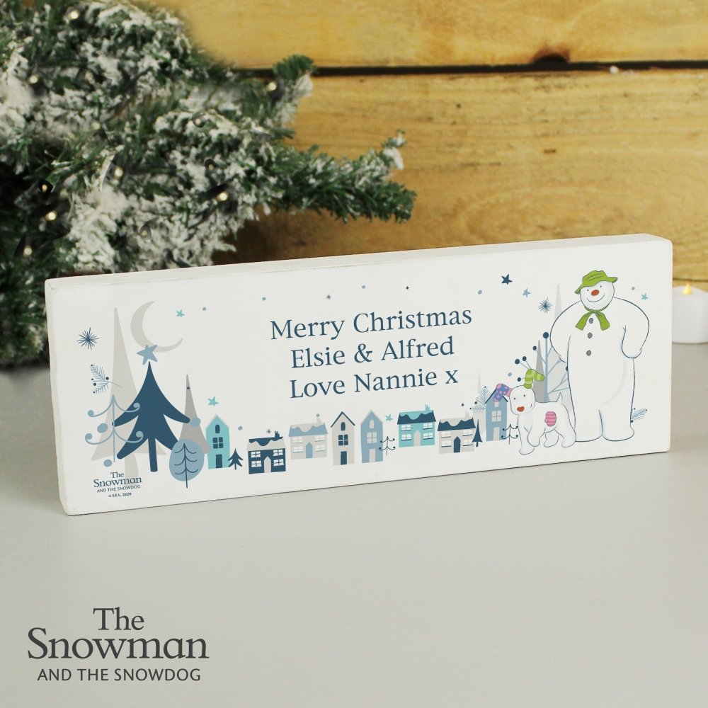 Personalised The Snowman And The Snowdog Wooden Block Sign
