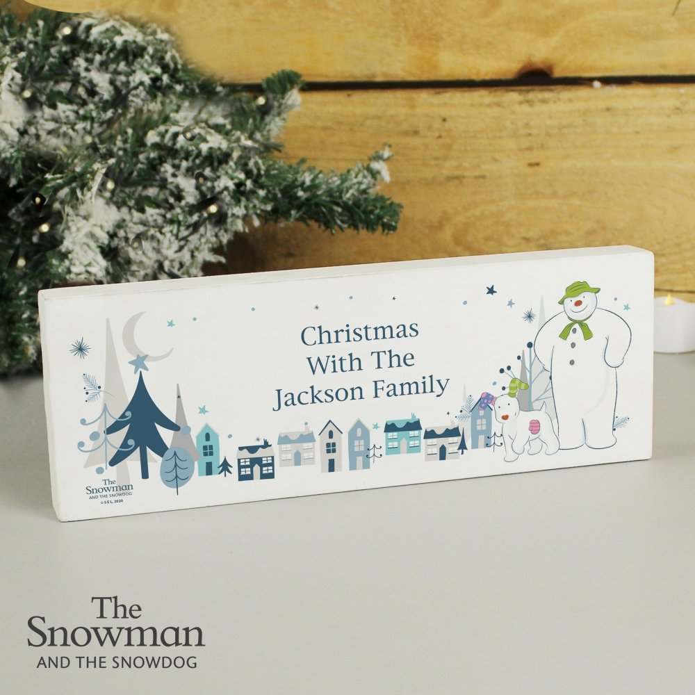 Personalised The Snowman And The Snowdog Wooden Block Sign