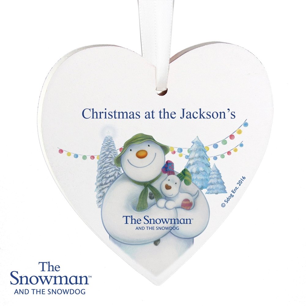 Personalised The Snowman And The Snowdog Wooden Heart Decoration