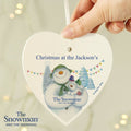 Personalised The Snowman And The Snowdog Wooden Heart Decoration
