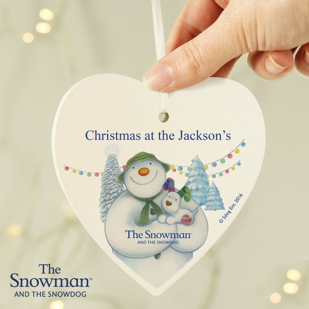 Personalised The Snowman And The Snowdog Wooden Heart Decoration