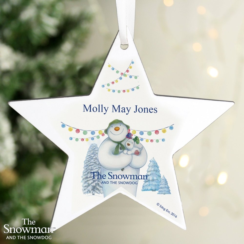 Personalised The Snowman And The Snowdog Wooden Star Decoration