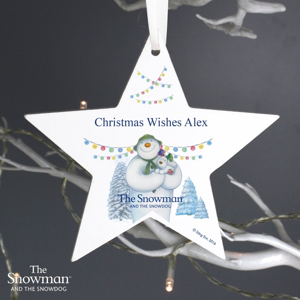Personalised The Snowman And The Snowdog Wooden Star Decoration