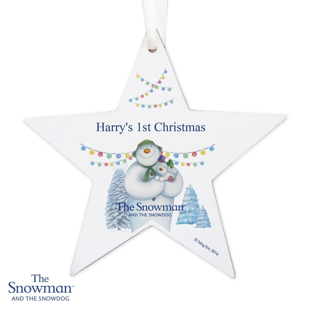 Personalised The Snowman And The Snowdog Wooden Star Decoration