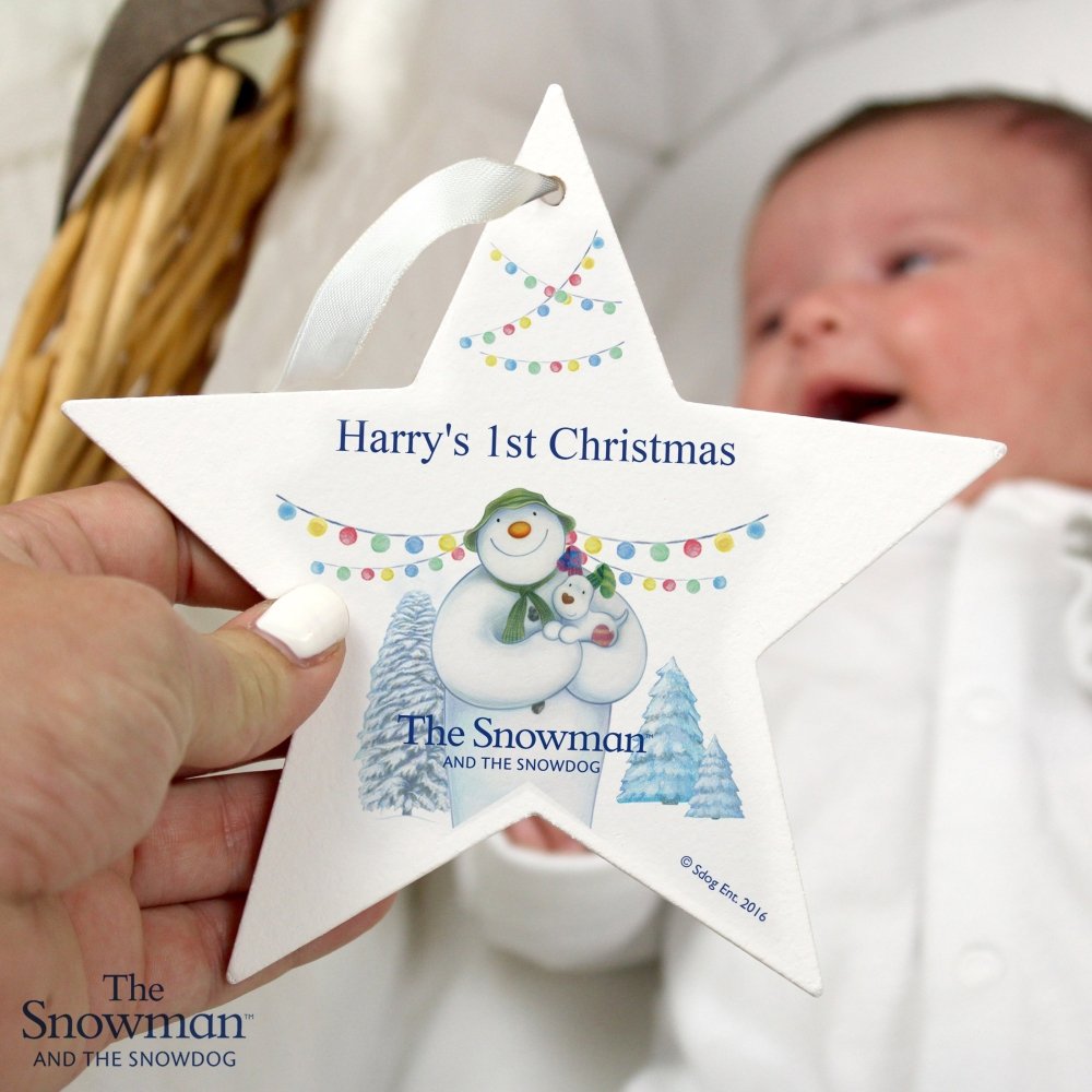 Personalised The Snowman And The Snowdog Wooden Star Decoration